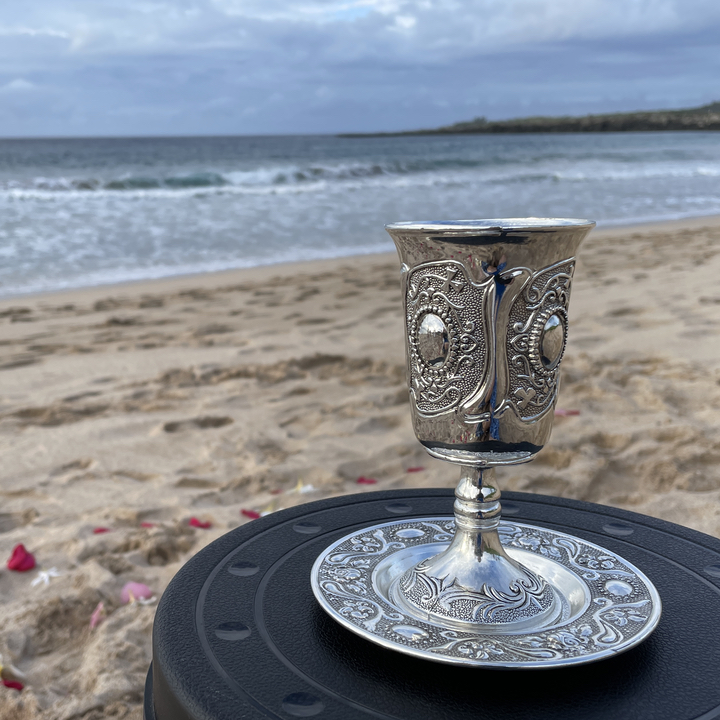 a kiddish cup with the beach and ocean in the background
